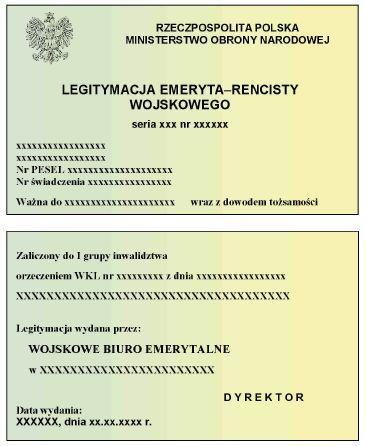 LEGITYMACJA EMERYTA - RENCISTY WOJSKOWEGO Wzór nr 23 Do 19,21 Legitymacja pozioma, o wymiarach 55 mm x 85 mm, koloru zielono-żółtego cieniowanego, materiał karton, dwustronnie foliowana.
