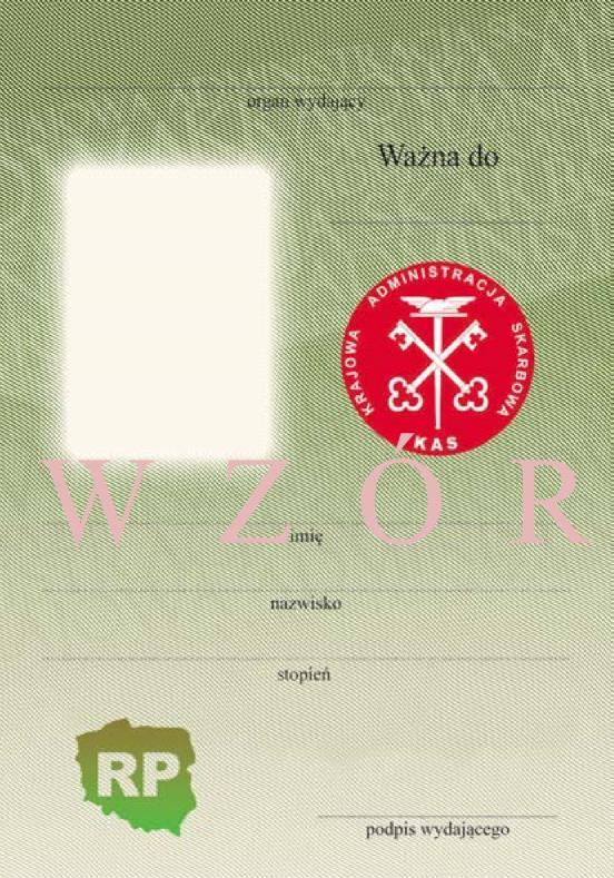 Rewers: 1) tło giloszowe w kolorze zielono-beżowym z elementami widocznymi w świetle UV; 2) znak graficzny Krajowej Administracji Skarbowej; 3) miejsce na fotografię nanoszoną w procesie