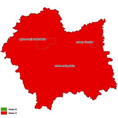 Mapy. Klasyfikacja stref w województwie małopolskim w 2013 roku Cel ochrona zdrowia SO 2, O 3, benzen oraz