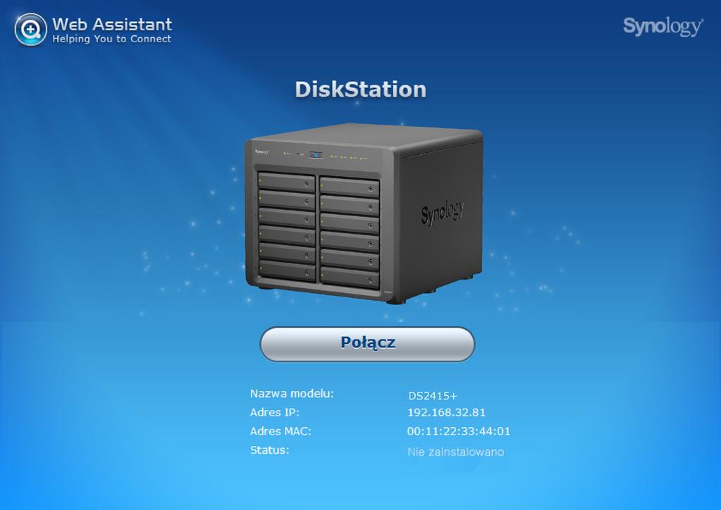 Rozdział 3 Instalacja oprogramowania DSM na serwerze DiskStation Po zainstalowaniu sprzętu serwera DiskStation zainstaluj DiskStation Manager (DSM) system operacyjny firmy Synology działający w