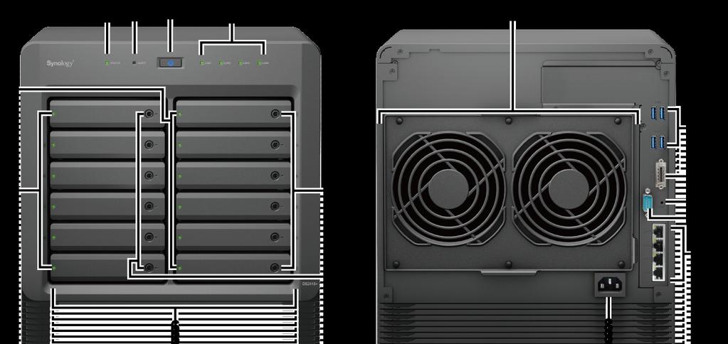 Elementy serwera Synology DiskStation L.p. Element Lokalizacja Opis 1 Wskaźnik stanu 2 Wskaźnik alertów 3 Przycisk zasilania 4 Wskaźnik LAN 5 Wskaźnik stanu dysku Panel przedni Pokazuje stan systemu.