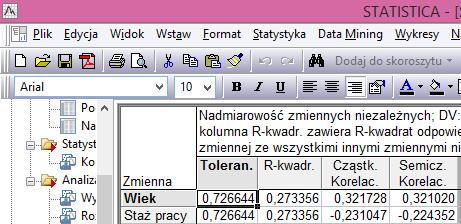 Im mniejsza jest tolerancja zmiennej tym bardziej nadmiarowy jest jej wkład w równanie regresji. Jeśli tolerancja = 0 - nie można obliczyć współczynników równania regresji.