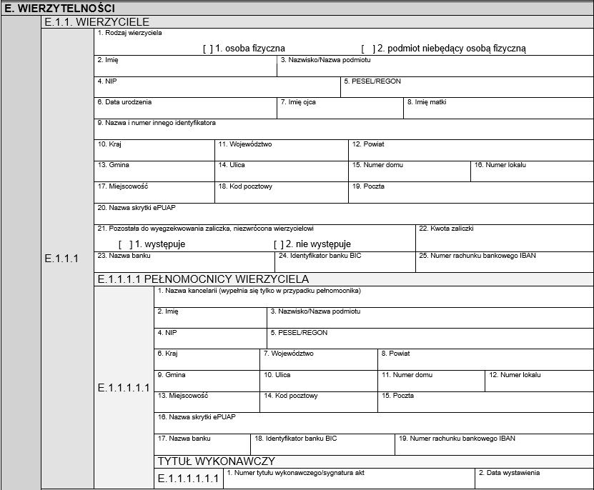 ? 83? 84 ref ID 3 19 ref ID 2 10 11 Pole formularza 1. Rodzaj wierzyciela, jest dodatkową wizualizacją rodzaju podmiotu. Jeżeli wskazano element.