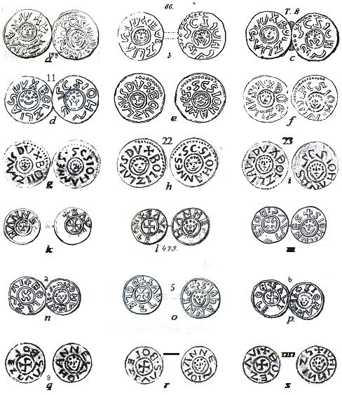 Ryc. 6. Bolesław III Krzywousty, denary śląskie z imieniem władcy, 1097 1107, znane jedynie z literatury: typ I, a. Lelewel 1851 nr 133; b. Żebrawski 1847, tabl. VI: 86; c. Stronczyński 1847, s.
