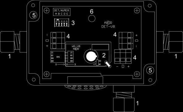 1. Dławik (przepust) PG7 2. Głowica z czujnikiem gazu i temperatury 3. Przełącznik typu DIP do ustawienia adresu (numeru) detektora 4. Konektor śrubowy do podłączenia detektora do linii 5.