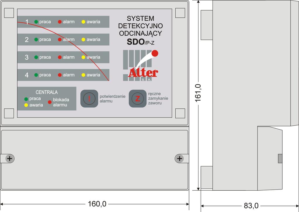 PRZEZNACZENIE I OGÓLNA CHARAKTERYSTYKA Centrala detekcyjna SDO/P-Z przeznaczona jest do progowej detekcji stężenia gazów wybuchowych, toksycznych lub tlenu, za pomocą podłączonych do niej głowic