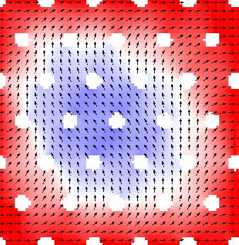 a) b) Rysunek 13: Konfiguracje przestrzenne namagnesowania otrzymane w wyniku symulacji mikromagnetycznych procesu przemagnesowania macierzy antykropek: a) d = 35 nm, D = 100 nm proces nukleacji, b)