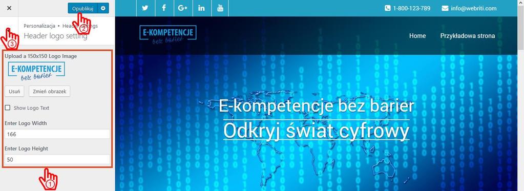 [20/45] W zakładce Header settings możemy wybrać zakładkę Custom CSS (1). Zakładka ta przeznaczona jest dla osób zaawansowanych, które znają specjalny język CSS i chcieliby wkleić swój kod.