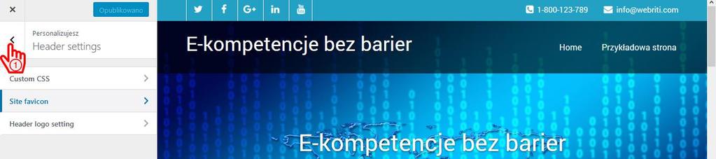 [21/45] Aby powrócić do zakładki Personalizacja klikamy przycisk powrotny (1). Rysunek 34. Zakładka Header settings powrót do zakładki Personalizacja Wybieramy Social link settings (1). Rysunek 35.