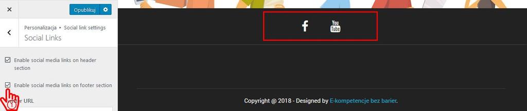 o Jeśli zaznaczymy opcję Enable social media links on header section pasek z mediami społecznościowymi będzie widoczny na górze strony. Rysunek 37.