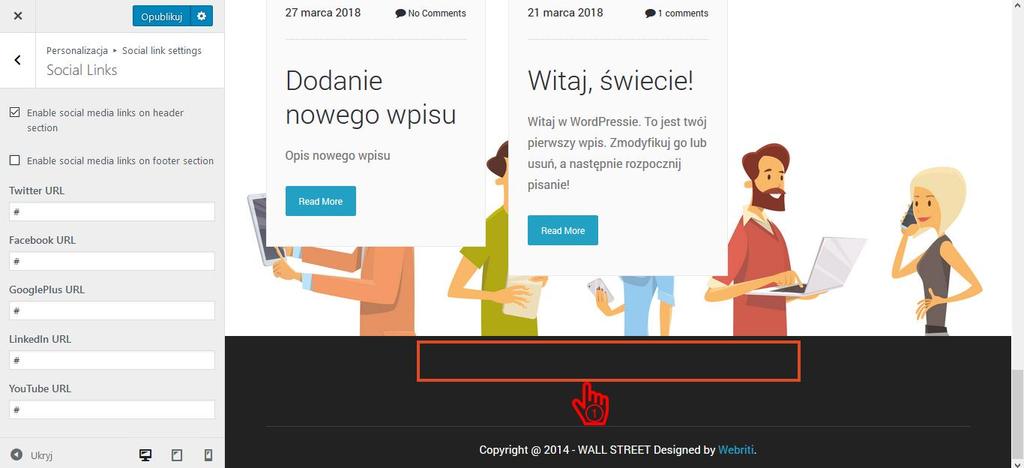 [23/45] o Jeśli odznaczymy opcję Enable social media links on footer section pasek z mediami społecznościowymi będzie ukryty na dole strony. W oknie roboczym widzimy podgląd naszego paska (1).