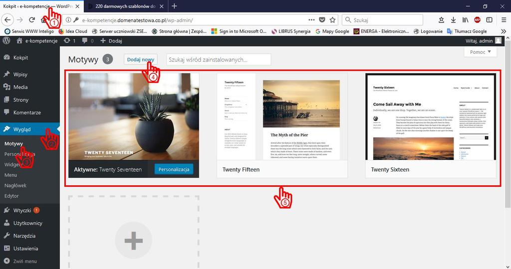 [7/45] Wracamy ponownie do zakładki panelu administracyjnego WordPress a (1). Wybieramy z menu Wygląd (2) a następnie klikamy Motywy (3). W oknie roboczym pojawiają nam się zainstalowane szablony (5).
