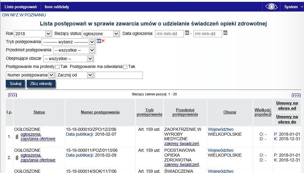 1 WSTĘP Publikator informacji o postępowaniach w sprawie zawarcia umów o udzielanie świadczeń opieki zdrowotnej umożliwia wszystkim świadczeniodawcom: przeglądanie listy postępowań w sprawie zawarcia