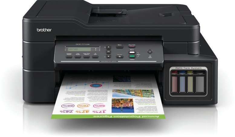 DCP-T710W oferuje również łączność bezprzewodową, drukowanie mobilne oraz interfejs USB.