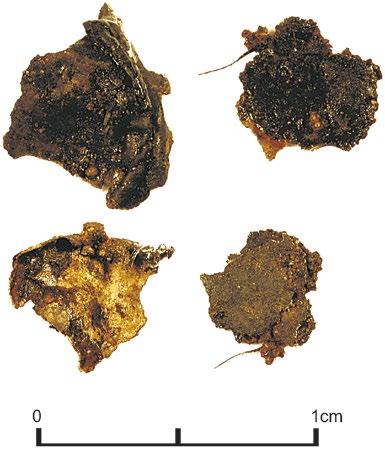 14. nr inw. 63/08. Fragmenty srebrnej blaszki zdobionej filigranem; dł. 0,6 cm; waga 0,2 g (ryc.