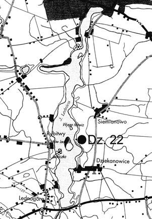 Ryc. 2. Lokalizacja cmentarzyska, Dziekanowice, stan. 22 Fig. 2. The burial ground location, Dziekanowice, site 22 a stanowiące bezpośrednie zaplecze osadnicze grodu na Ostrowie Lednickim.