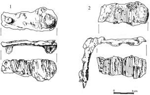 Ryc. 8. Grób 62/08, żelazne okucia trumny: 1. nr inw. 45/08; 2. nr inw. 46/08 Fig. 8. The grave 62/08, iron fittings of the coffin: 1. inv. no. 45/08; 2. inv. no. 46/08 Nr inw.