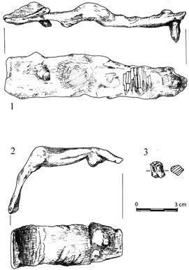 Ryc. 12. Grób 62/08, żelazne okucia trumny: 1. nr inw. 83/08; 2. nr inw. 84/08; 3. nr inw. 85/08 Fig. 12. The grave 62/08, iron fittings of the coffin: 1. inv. no. 83/08; 2. inv. no. 84/08; 3. inv. no. 85/08 zgięta pod kątem prostym.
