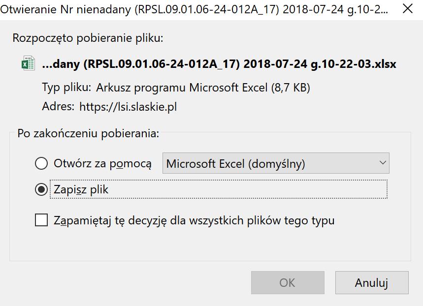 Po kliknięciu w Eksportuj bazę do XLSX zapisz plik w dogodnym dla Ciebie miejscu na komputerze.