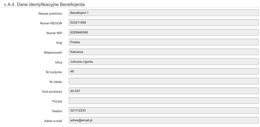 A.4. Dane identyfikacyjne Beneficjenta Dane
