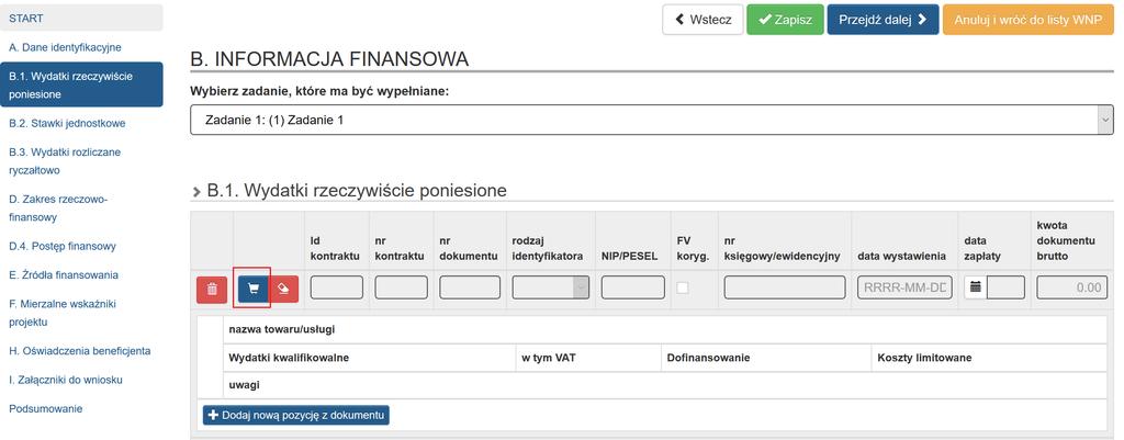 W celu dodania dokumentu księgowego, na podstawie którego rozliczane są wydatki kliknij przycisk Powyższe spowoduje wyświetlenie listy wszystkich dokumentów