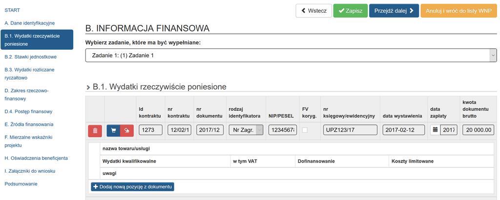 Po wybraniu dokumentu księgowego, który chcesz rozliczyć w składanym WNP dane zostaną wprowadzona automatycznie.