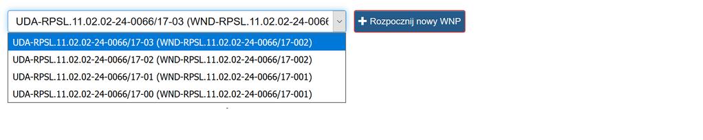 Z listy rozwijanej wybierz wersję umowy/ aneksu oraz wniosek o dofinansowanie, w oparciu o który jest składany wniosek o płatność.