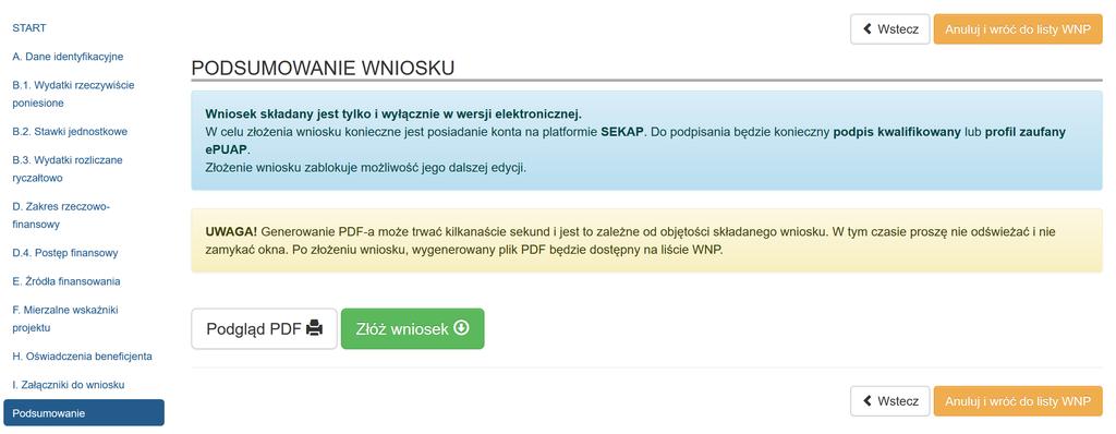 Jeśli system nie wykryje błędu podsumowanie będzie wyglądać następująco: UWAGA Walidacje w Podsumowaniu mają jedynie charakter pomocniczy.