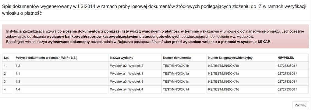 W przypadku zakończenia pracy z generatorem po Złożeniu wniosku Użytkownikowi zaprezentuje się okno modalne, gdzie wskazane będą dokumenty konieczne do uzupełnienia w ramach Rejestru postepowań /