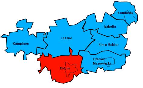 W Gminie Błonie wyodrębnione są 34 obręby ewidencyjne: 1. Białutki, 2. Białuty, 3. Bieniewice, 4. Bieniewo Parcela, 5. Bieniewo Wieś, 6. Błonie Wieś, 7. Bramki, 8. Cholewy, 9. Dębówka, 10.
