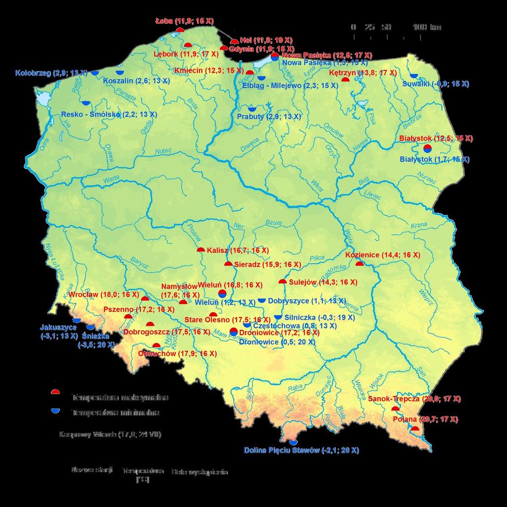 2. Temperatury ekstremalne w regionach Polski (w