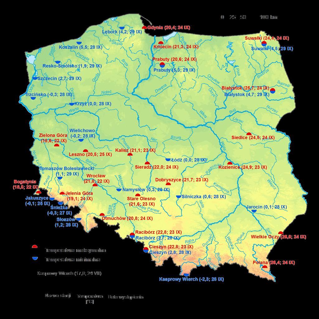 2. Temperatury ekstremalne w regionach Polski