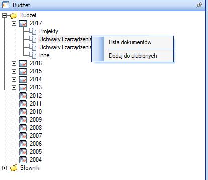 2.2.2. Prawy panel jednostki Rysunek 8. Menu kontekstowe na drzewie Budżet oraz lista funkcji Z prawej strony ekranu znajduje się Okno kontekstowe (rys. 9), które jest podzielone na dwie części.