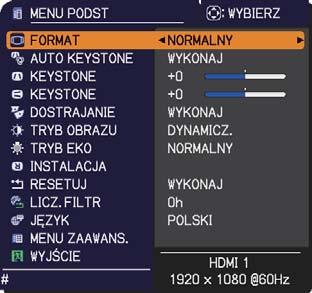 MENU PODST MENU PODST Z MENU PODST można realizować pozycje przedstawione w tablicy poniżej. Wybrać pozucję przyciskami /. Następnie realizować ustawienie według opisu w poniższej tablicy.