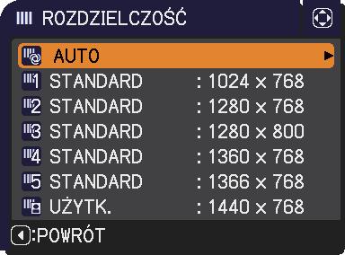 Menu WEJŚCIE Funkcja ROZDZIELCZOŚĆ Opis Rozdzielczość sygnału wejściowego COMPUTER IN można ustawić w projektorze.