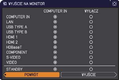 Menu USTAWIENIE Funkcja TRYB STANDBY WYJŚCIE NA MONITOR Opis Przy pomocy przycisków / przełącza się ustawienie trybu standby pomiędzy NORMALNY i OSZCZĘDNY.