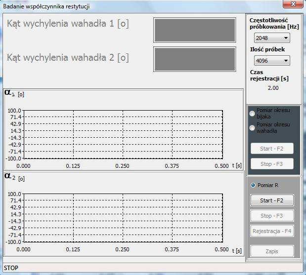 Wybór trybu rejestracj zderzena w celu wyznaczena wsp. R Rys.9. główne programu etap przygotowana do rejestracj zderzena Następne należy wybrać polecene Start F (lub nacsnąć klawsz F).