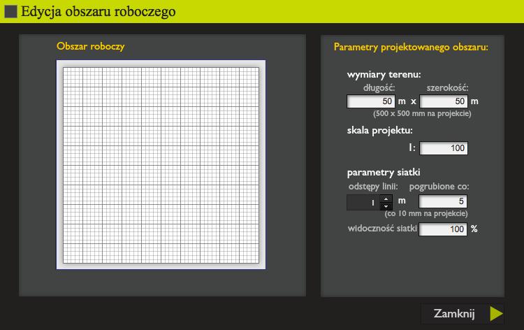 w programie to 1 km 2 (czyli 1000 m x 1000 m), skalę projektu, parametry siatki (siatka wyznacza granice obszaru roboczego): odstęp między liniami siatki (w metrach), częstotliwość wystąpienia linii