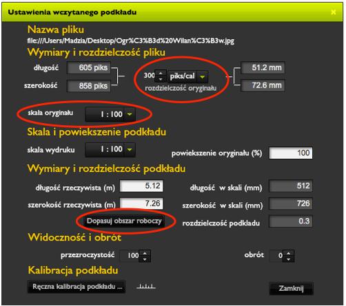 Po wprowadzeniu skali oryginalnego pliku oraz rozdzielczości pliku w DPI należy nacisnąć przycisk Dopasuj obszar roboczy.