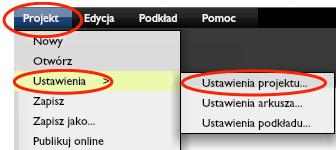 USTAWIENIA PROJEKTU I ARKUSZA USTAWIENIA PROJEKTU (OBSZARU ROBOCZEGO) Aby zdefiniować obszar roboczy projektu należy, będąc w zakładce 2D, w menu głównym kliknąć Projekt - Ustawienia -