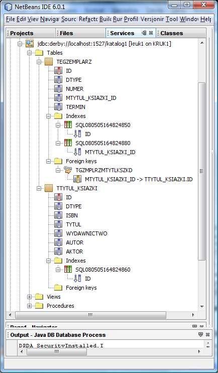 Databases (kliknąć na przycisk +) i prawym klawiszem myszy kliknąć na bazę danych jdbc:derby://localhost:1527/katalog1[kruk1 on Kruk1]. Na wyskakującym menu kliknąć na opcję Connect.. 7.4.