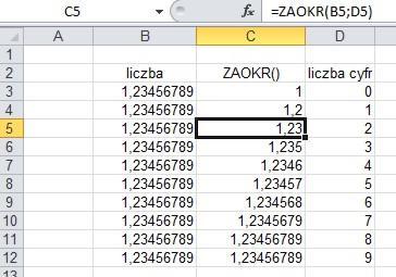 Funkcja ZAOKR Funkcja ZAOKR() ma 2 argumenty: liczbę, którą będziemy zaokrąglać (lub adres komórki w której ta