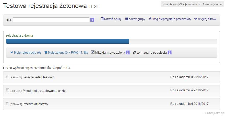3. Lista przedmiotów w rejestracji i zestaw filtrów Widok wybranej rejestracji (Rys. 5) Rysunek 5 Strona w górnej części zawiera zestaw filtrów, a poniżej listę przedmiotów i grup.