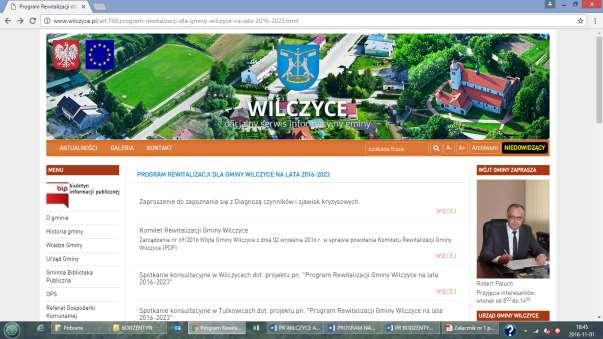 Komunikacja z interesariuszami za pomocą strony internetowej Wszelkie informacje dotyczące procesu rewitalizacji są upublicznianie na stronie internetowej Gminy Wilczyce w specjalnie utworzonej