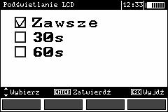 2.4.2 Podświetlanie LCD Przyciskami, wybrać odpowiednią opcję. Przyciskiem ENTER zatwierdzić wybór. 2.4.3 Ustawienia AUTO-OFF Ustawienie określa czas do samoczynnego wyłączenia się nieużywanego przyrządu.
