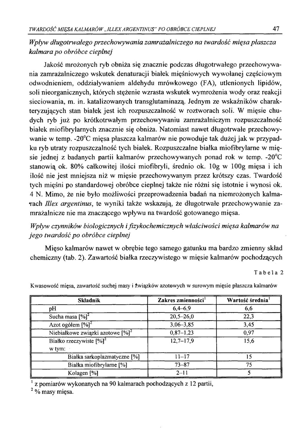 TWARDOŚĆ MIĘSA KALMARÓW 1LLEXARGENTINUS" PO OBRÓBCE CIEPLNEJ 47 Wpływ długotrwałego przechowywania zatnrażalniczego na twardość mięsa płaszcza kalmara po obróbce cieplnej Jakość mrożonych ryb obniża