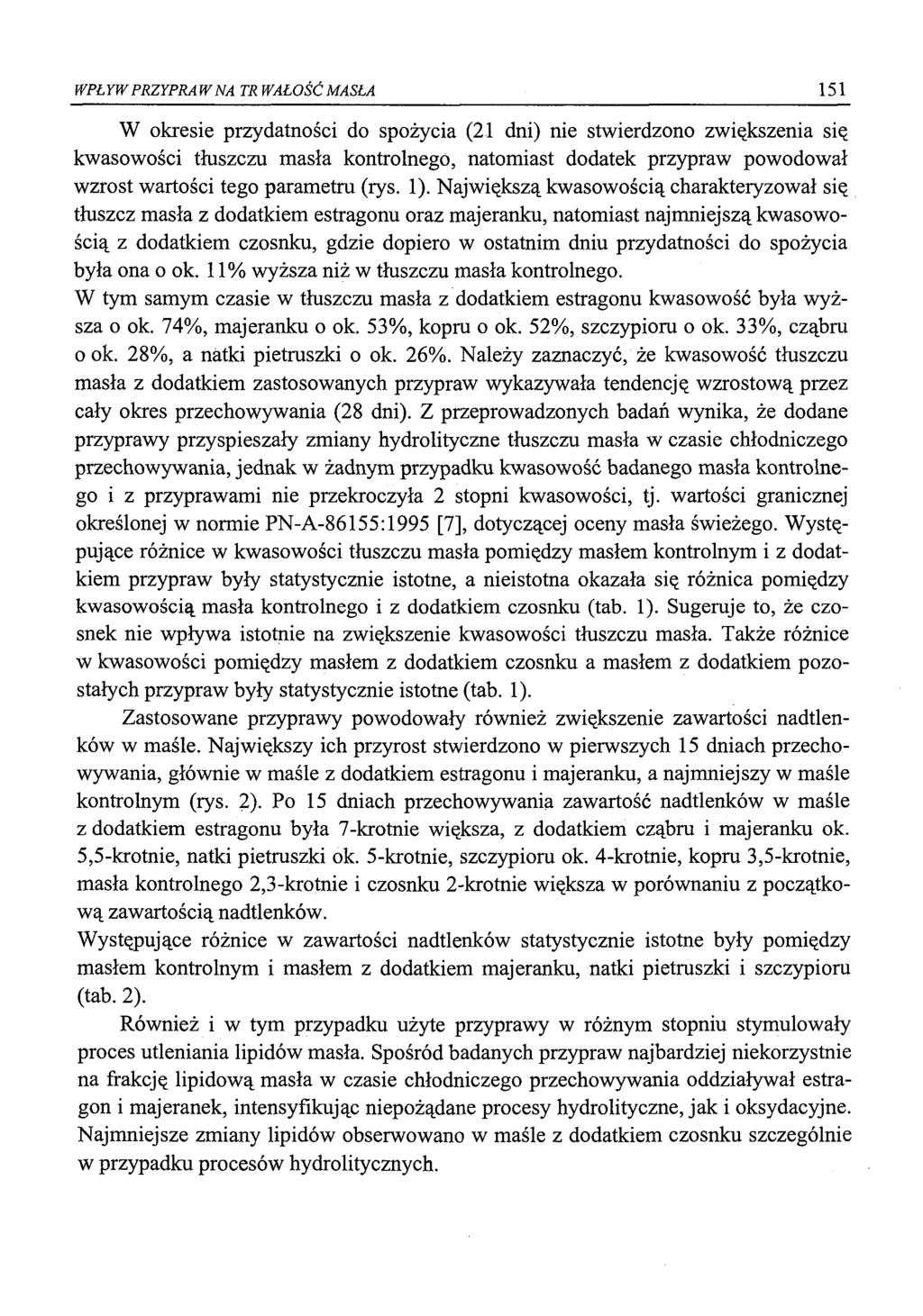 WPŁ YW PRZYPRĄ W NA TR WAŁOŚĆ MASŁA 151 W okresie przydatności do spożycia (21 dni) nie stwierdzono zwiększenia się kwasowości tłuszczu masła kontrolnego, natomiast dodatek przypraw powodował wzrost