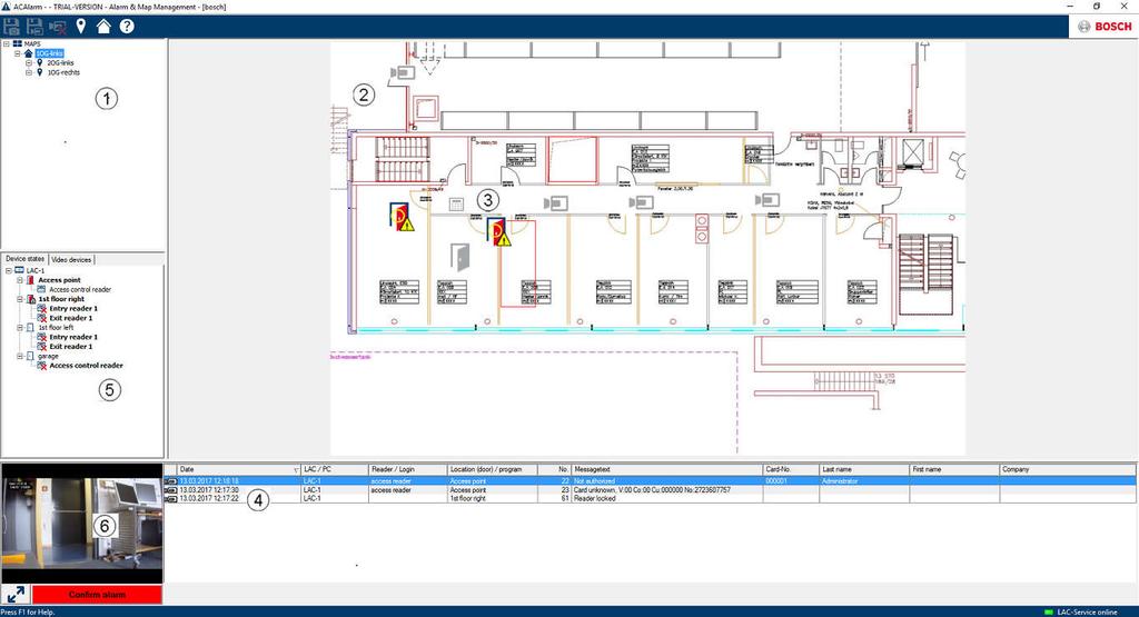 Access Professional Zarządzanie alarmami pl 11 3.1 Map Viewer and Alarm management (Przeglądanie map i zarządzanie alarmami) 1. Drzewo map 2. Aktywna mapa lokalizacji 3.