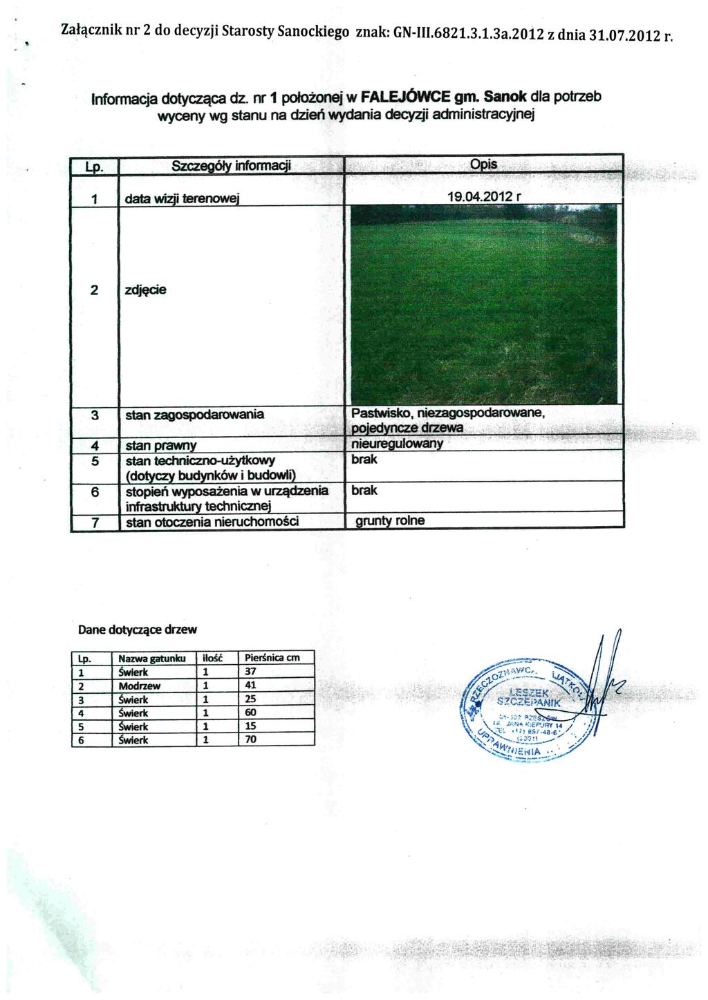 Załącznik nr 2 do decyzji Starosty Sanockiego znak: GN-III.6821.3.1.3a.20i2 z dnia 31.07.2012 r. Informacja dotycząca dz. nr 1 położonej w FALEJOwcE gm.