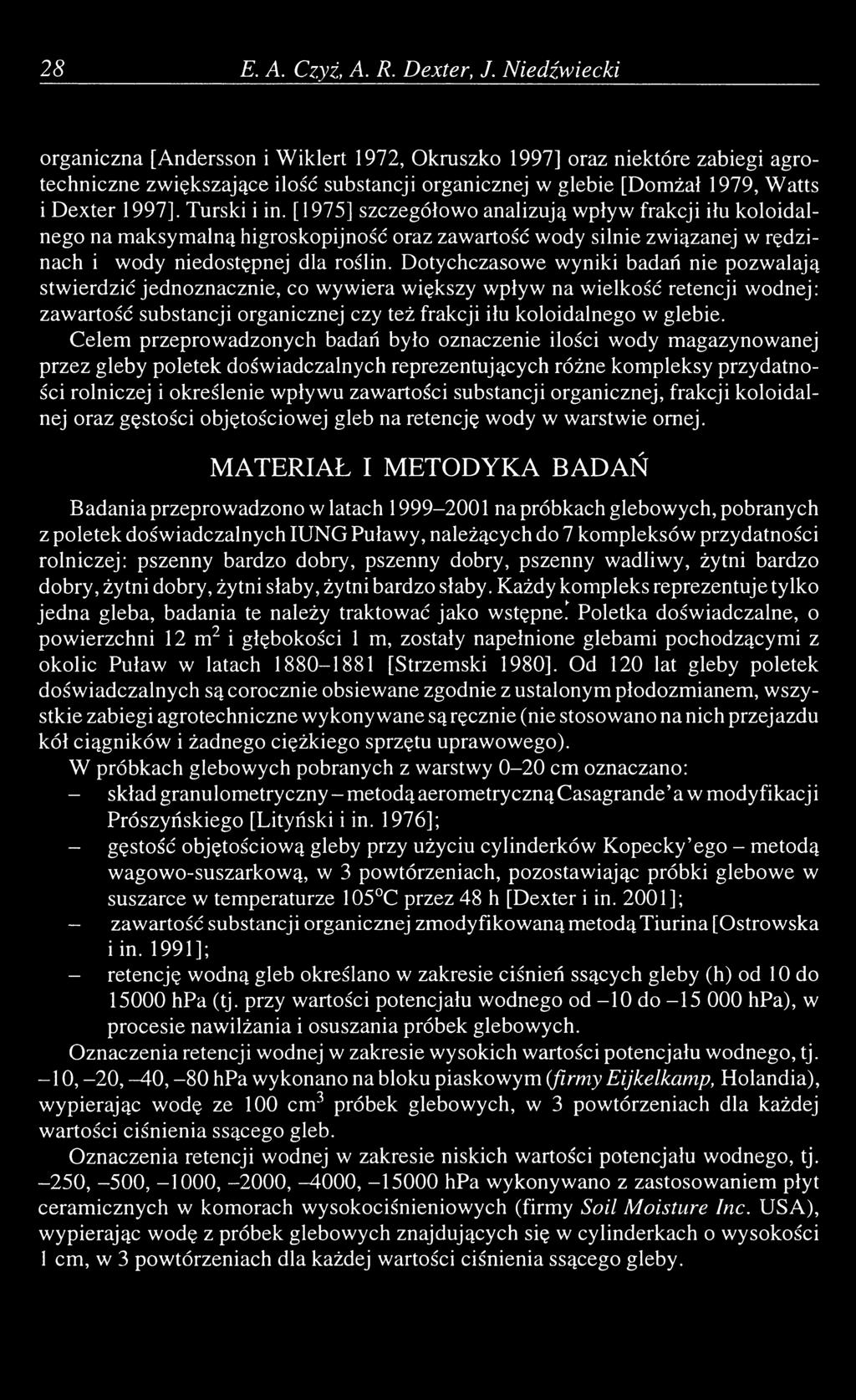 Turski i in. [1975] szczegółowo analizują wpływ frakcji iłu koloidalnego na maksymalną higroskopijność oraz zawartość wody silnie związanej w rędzinach i wody niedostępnej dla roślin.